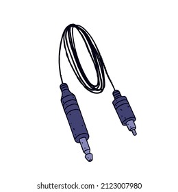 RCA cable. Cord for tattoo machine. Electric wire with plugs. Connector for tattooists professional equipment, ink device. Hand-drawn vector illustration isolated on white background