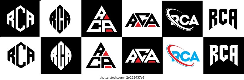 Diseño de logotipo de letra RCA en seis estilos. Polígono RCA, círculo, triángulo, hexágono, estilo plano y simple con logo de letra de variación de color blanco y negro en una mesa de trabajo. Logotipo minimalista y clásico de RCA