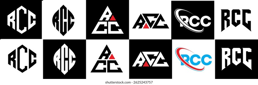 RCC letter logo design in six style. RCC polygon, circle, triangle, hexagon, flat and simple style with black and white color variation letter logo set in one artboard. RCC minimalist and classic logo