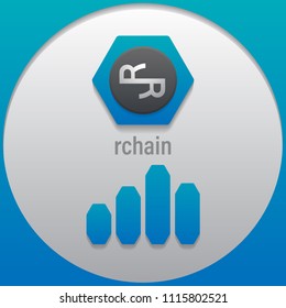 RChain. Crypto currency sign emblem monochrome with a bar graph. Use for logos, icon, print products, page, design web site and mobile app. Vector illustration.