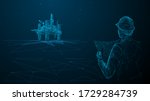 rchitect or engineer in hard hat holding a blueprint looking at gas drilling. 3d abstract vector illustration. Construction, business or petroleum industry concept. Low poly wireframe
