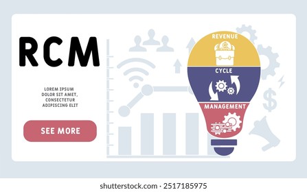 RCM - Acrônimo de gerenciamento do ciclo de receitas. plano de fundo do conceito de negócios. conceito de ilustração vetorial com palavras-chave e ícones. ilustração de letras com ícones para banner da Web, folheto, landing