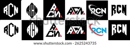 RCN letter logo design in six style. RCN polygon, circle, triangle, hexagon, flat and simple style with black and white color variation letter logo set in one artboard. RCN minimalist and classic logo