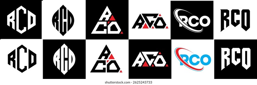RCO letter logo design in six style. RCO polygon, circle, triangle, hexagon, flat and simple style with black and white color variation letter logo set in one artboard. RCO minimalist and classic logo