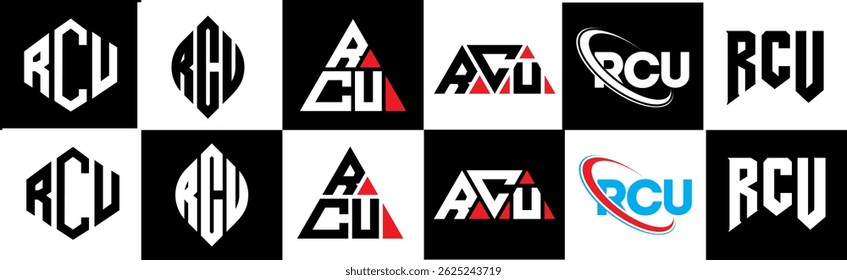 RCU letter logo design in six style. RCU polygon, circle, triangle, hexagon, flat and simple style with black and white color variation letter logo set in one artboard. RCU minimalist and classic logo