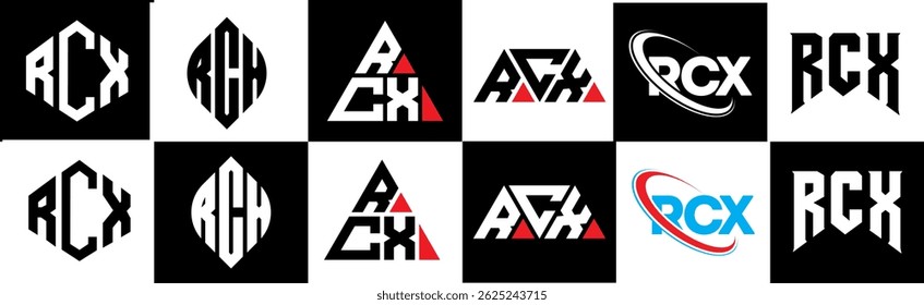 RCX letter logo design in six style. RCX polygon, circle, triangle, hexagon, flat and simple style with black and white color variation letter logo set in one artboard. RCX minimalist and classic logo