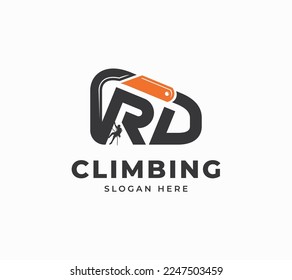 RD carabiner climbing people cliff rock peak clip protection sport adventure vector logo design