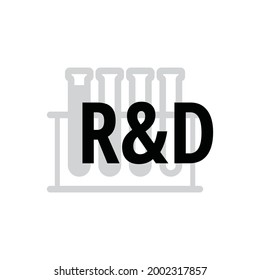 RD icon. Research and development symbol with laboratory test tubes, flasks, rnd sign, R and D graphic element, innovation investment concept