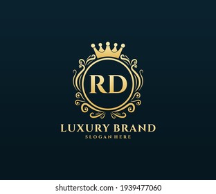 RD Initial Letter, Gold text with feminine floral hand drawn heraldic monogram, Antique vintage style luxury logo design.