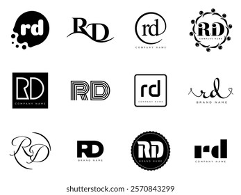 RD logo company template. Letter r and d logotype. Set different classic serif lettering and modern bold text with design elements. Initial font typography. Collection trendy business identity.