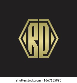 Monograma del logotipo RD con plantilla de diseño redondeado de línea hexagonal con colores dorados
