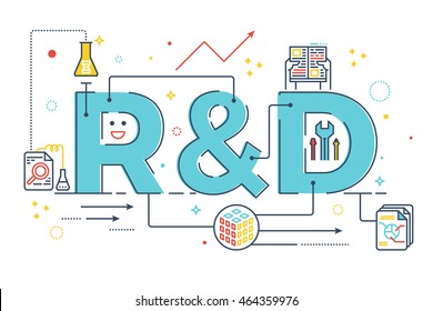 R&D : Research and development word lettering typography design illustration with line icons and ornaments in blue theme