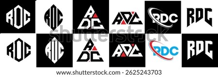 RDC letter logo design in six style. RDC polygon, circle, triangle, hexagon, flat and simple style with black and white color variation letter logo set in one artboard. RDC minimalist and classic logo