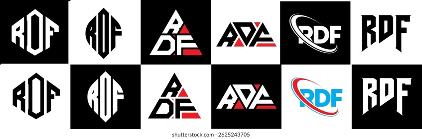 RDF letter logo design in six style. RDF polygon, circle, triangle, hexagon, flat and simple style with black and white color variation letter logo set in one artboard. RDF minimalist and classic logo