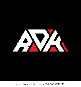 RDK triangle letter logo design with triangle shape. RDK triangle logo design monogram. RDK triangle vector logo template with red color. RDK triangular logo Simple, Elegant, and Luxurious design.