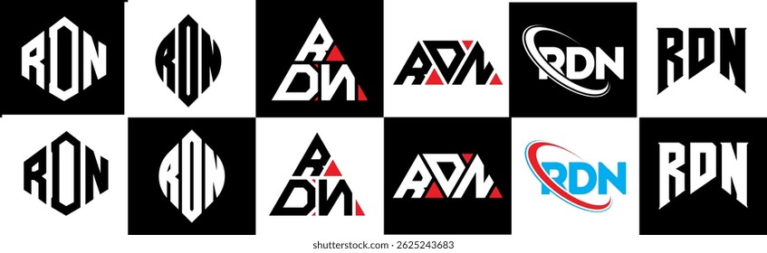 Design de logotipo de letra RDN em estilo seis. Polígono RDN, círculo, triângulo, hexágono, estilo simples e plano com logotipo de letra de variação de cor preta e branca definido em uma prancheta. Logotipo minimalista e clássico de RDN
