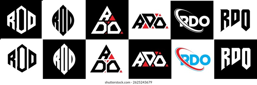 Design de logotipo de letra RDO em estilo seis. Polígono RDO, círculo, triângulo, hexágono, estilo simples e plano com logotipo de letra de variação de cor preta e branca definido em uma prancheta. RDO minimalista e logotipo clássico