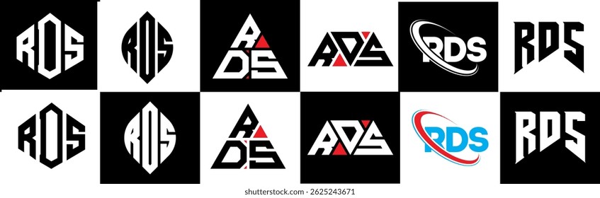 RDS letter logo design in six style. RDS polygon, circle, triangle, hexagon, flat and simple style with black and white color variation letter logo set in one artboard. RDS minimalist and classic logo