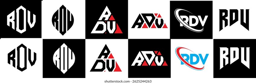 RDV letter logo design in six style. RDV polygon, circle, triangle, hexagon, flat and simple style with black and white color variation letter logo set in one artboard. RDV minimalist and classic logo