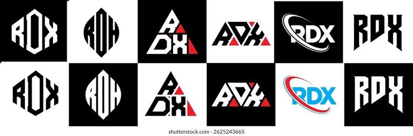 RDX letter logo design in six style. RDX polygon, circle, triangle, hexagon, flat and simple style with black and white color variation letter logo set in one artboard. RDX minimalist and classic logo