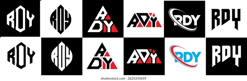 RDY letter logo design in six style. RDY polygon, circle, triangle, hexagon, flat and simple style with black and white color variation letter logo set in one artboard. RDY minimalist and classic logo