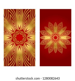 Rea and gold color Set of two Yoga card, flyer, poster. Template with mandala for spiritual retreat or yoga studio. Vector illustration. Islam, arabic, indian, ottoman motifs.