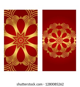 Rea and gold color Set of two Yoga card, flyer, poster. Template with mandala for spiritual retreat or yoga studio. Vector illustration. Islam, arabic, indian, ottoman motifs.