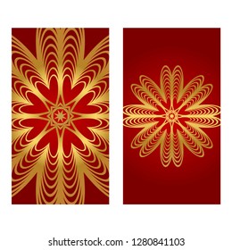Rea and gold color Set of two Yoga card, flyer, poster. Template with mandala for spiritual retreat or yoga studio. Vector illustration. Islam, arabic, indian, ottoman motifs.