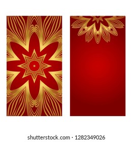 Rea and gold color Set of two Yoga card, flyer, poster. Template with mandala for spiritual retreat or yoga studio. Vector illustration. Islam, arabic, indian, ottoman motifs.