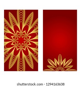 Rea and gold color Set of two Yoga card, flyer, poster. Template with mandala for spiritual retreat or yoga studio. Vector illustration. Islam, arabic, indian, ottoman motifs.