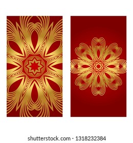 Rea and gold color Set of two Yoga card, flyer, poster. Template with mandala for spiritual retreat or yoga studio. Vector illustration. Islam, arabic, indian, ottoman motifs.