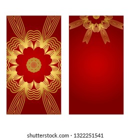 Rea and gold color Set of two Yoga card, flyer, poster. Template with mandala for spiritual retreat or yoga studio. Vector illustration. Islam, arabic, indian, ottoman motifs.