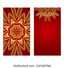 Rea and gold color Set of two Yoga card, flyer, poster. Template with mandala for spiritual retreat or yoga studio. Vector illustration. Islam, arabic, indian, ottoman motifs.