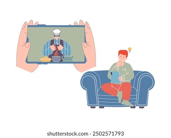 reach the audience content creator video promotion engagement man watching cooking recipe while in sofa illustration