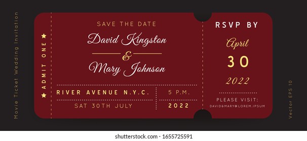 Reach Burgundy Movie Ticket. Wedding Invitation Vector Design.Vintage luxury design.Admission vip ticket of circus,party,cinema,theater,concert.Coupons template ticketing label with seat numbers.