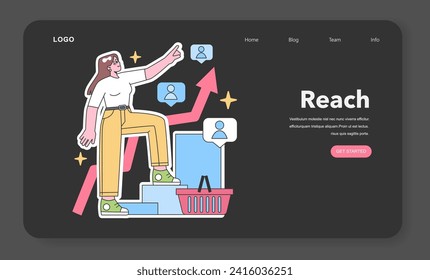 Reach concept. A determined woman climbs steps, reaching out towards user icons while an upward arrow signifies growth. Illustrating audience engagement, marketing success, and increased visibility