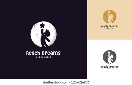 Reach Dreams logo with Moon symbol, Reaching Star logo, Online Learning logo designs vector, Kids Dream logo