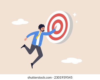 Reach goal concept. Set goal and take action to achieve goal or target, aiming or motivation to grow business and success, effort or skill. Businessman in the air, aiming for the bullseye target.