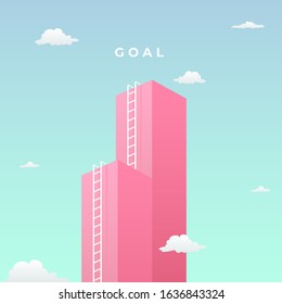 reach the goal step by step visual concept with minimalist art design. high giant wall towards the sky and tall ladder vector illustration.