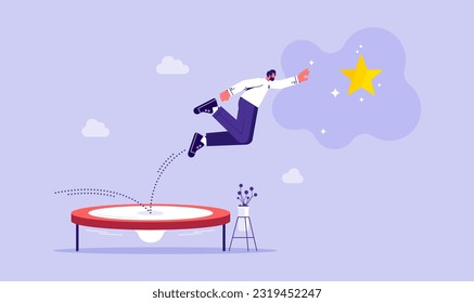 Reach goal or target, growth and achievement concept, businessman jump on trampoline to grab star, reach success, improvement or career development