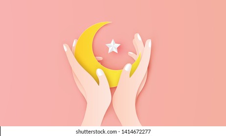 Alcanzar las manos para la oración con luna creciente y estrella en el festival Ramadan Kareem. Diseño gráfico para el festival Ramadan Kareem. corte de papel y estilo artesanal. vector, ilustración.