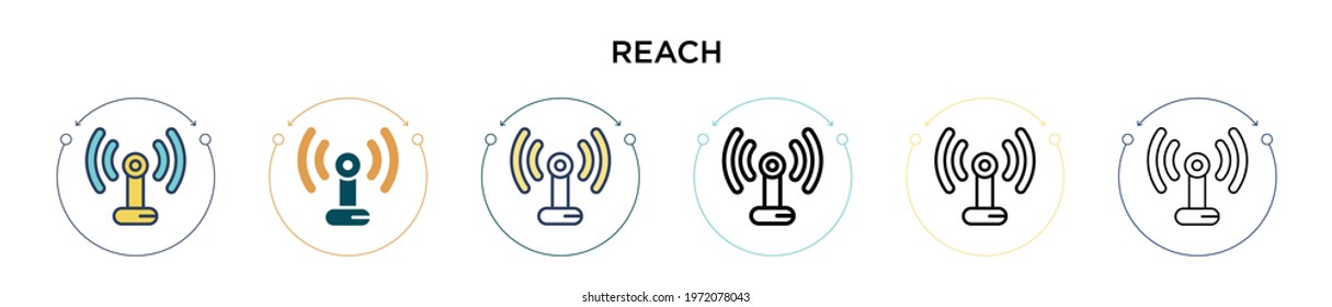 Reach icon in filled, thin line, outline and stroke style. Vector illustration of two colored and black reach vector icons designs can be used for mobile, ui, web