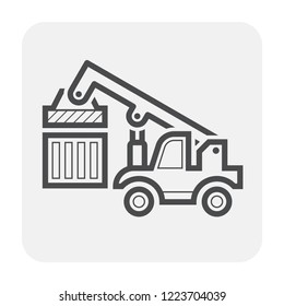 Reach stacker, cargo container vector icon. Lifting equipment for handling, move, transport, transfer, operation, delivery and loading cargo container to train or truck at yard, port, dock, terminal.