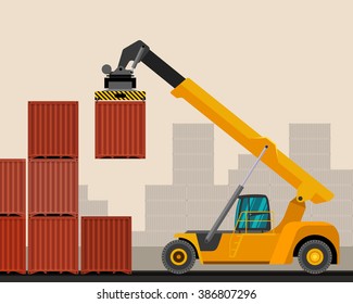 Reach stacker with container industrial crane with construction background. Side view crane vector illustration