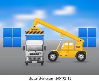 Reach stacker loading cargo container from port onto truck.
That is a vehicle used for handling intermodal cargo containers in dock or port. Lifting equipment for shipping and transportation work