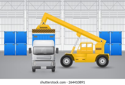 Reach stacker loading cargo container from warehouse onto truck.
That is a vehicle used for handling intermodal cargo containers in dock or port. Lifting equipment for shipping and transportation work