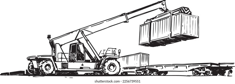 Reach stacker Loading Railroad Car. Black and White Hand Drawn Sketch Illustration