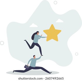 Reach for the star, teamwork or support to achieve business goal, partnership or manager mentorship to help success concept.flat character life .