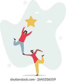 Reach for the star, teamwork or support to achieve business goal, partnership or manager mentorship to help success concept. character life .
