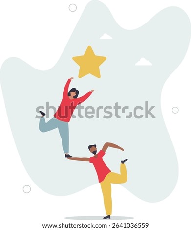 Reach for the star, teamwork or support to achieve business goal, partnership or manager mentorship to help success concept. character life .